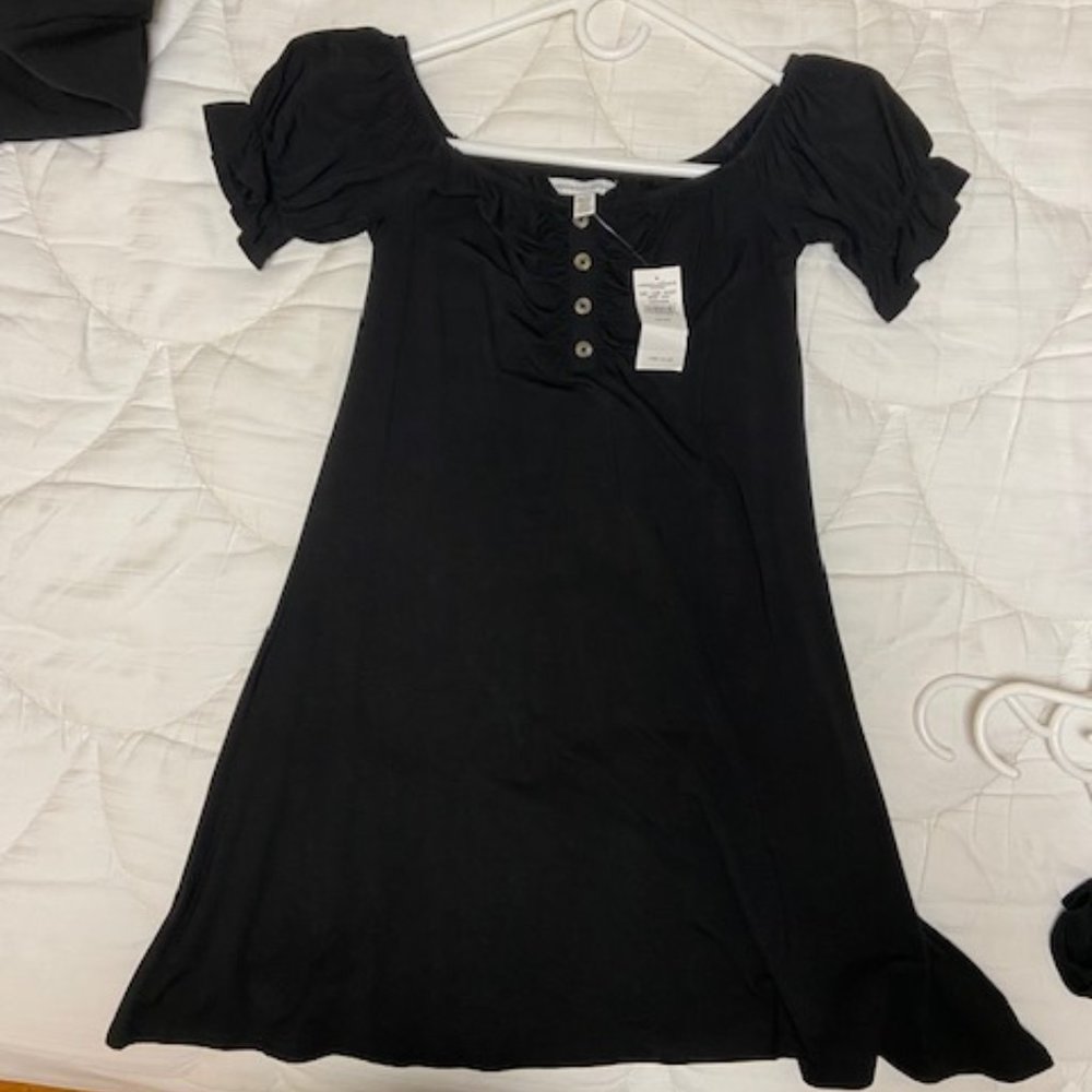 AE KNIT OFF-THE-SHOULDER PUFF SLEEVE DRESS, Black - Size XS
